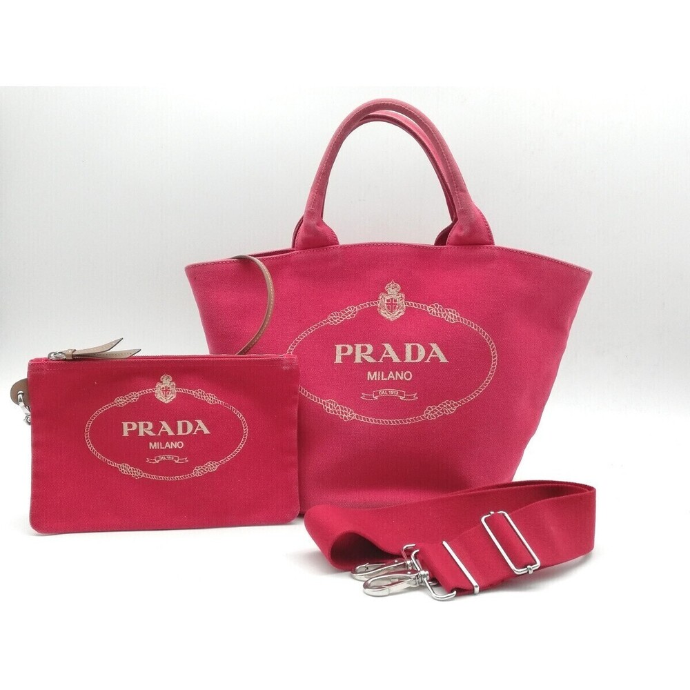 PRADA Canapa Handbag Clutch Canvas Triangle Red Shoulder Bag Plate